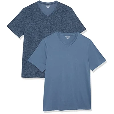 Afbeelding van Amazon Essentials Heren Regular Fit T shirt met korte mouwen en V hals (verkrijgbaar in Big &amp; Tall), verpakking van 2, gewassen blauw/bloemenprint, medium