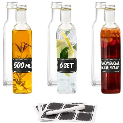 Afbeelding van 6 Glazen flessen 500ml met vierkante schroefdop Lege om te vullen etiketten stift voor olie, azijn, sap &amp; limonade