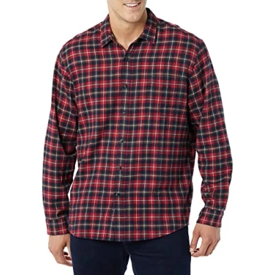 Afbeelding van Amazon Essentials Men&#039;s Flanellen overhemd met lange mouwen (verkrijgbaar in grote en maten), Donkerrood Plaid, XS