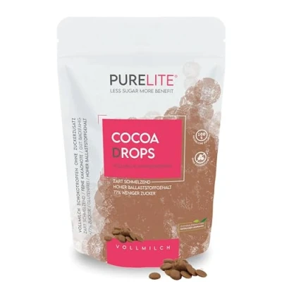 Afbeelding van PURELITE Cocoa Drops chocolade 450g, volle melkchocoladedruppels zonder toegevoegde suiker, erythritol &amp; stevia nasmaak, met gereduceerd suikergehalte, caloriebewust 77% minder suiker