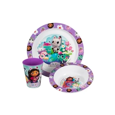 Afbeelding van p:os 35808 Gabbys Dollhouse Ontbijtset, 3 delig servies met bord, kom en beker, kinderservies van kunststof, vaatwasser /magnetronbestendig