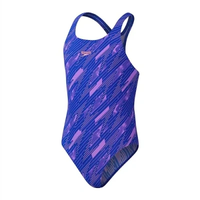 Afbeelding van Speedo Hyperboom Allover Medalist badpak voor meisjes, uit één stuk, chloorbestendig, sneldrogend (pak van 1), True Cobalt/Sweet Purple/Disco Perzik, 5 6 jaar