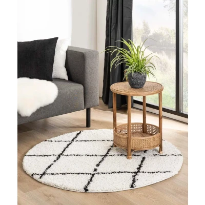 Afbeelding van Rond Hoogpolig Vloerkleed Ruiten Habitat Wit/zwart 120 Cm