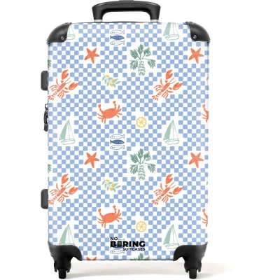 Afbeelding van NoBoringSuitcases.com Grote koffer Zomer strand print blauw Kinderkoffer geschikt voor jongen en meisjes Reiskoffer met 4 wielen Trolley op wieltjes Rolkoffer groot kinderen 72 liter Ruimbagage valies 20kg