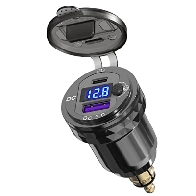Afbeelding van USB DIN Socket Oplader voor Motorfiets BMW: Qidoe Dubbele Poorten QC3.0 en PD 20W Aluminium Hella Adapter met Digitale Voltmeter BMW Ducati Triumph 12V/24V Meer Euro