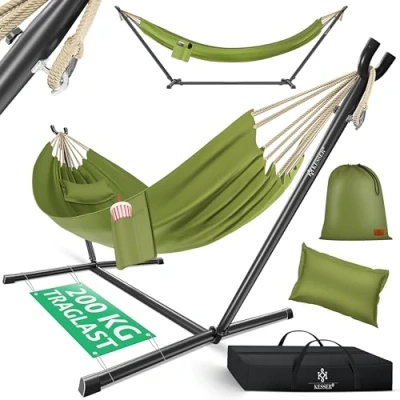 Afbeelding van KESSER® Hangmat LAKE met Frame Dubbele voor 2 Personen Stabiel 200kg Draagvermogen Binnen &amp; Buiten XXL standaard Tuin, Zwembad, Balkon en Terras, Khaki