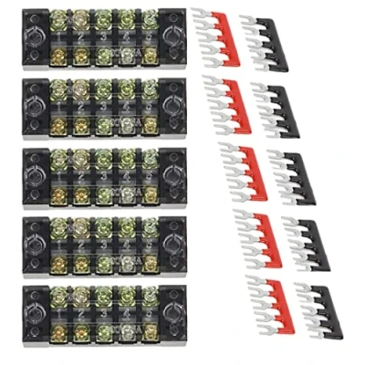 Afbeelding van 15 stuks (5 sets) dubbele rijen 5 standen schroefbarrière terminal blok 600 V A + 400 posities Pre geïsoleerde barrière strip rood/zwart