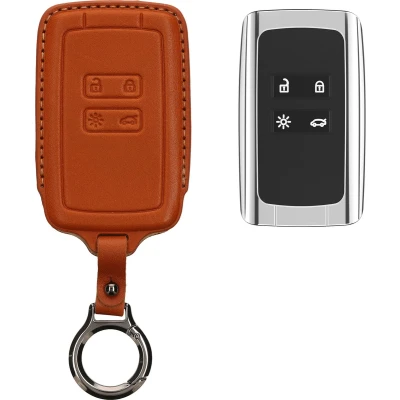 Afbeelding van kwmobile leren autosleutel hoesje geschikt voor Renault 4 knops Smartkey (alleen Keyless Go) Als sleutelhanger met sleutelring Echt leer in bruin