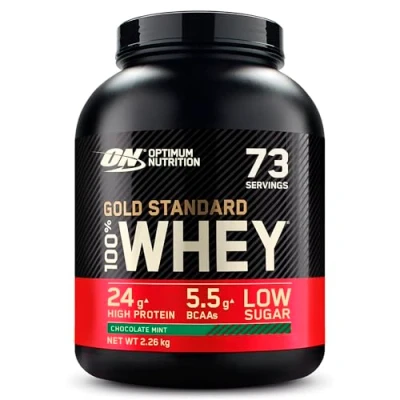 Afbeelding van Optimum Nutrition Gold Standard 100% Whey Spieropbouw en Herstel, Proteïnepoeder met Lichaamseigen Glutamine BCAA Aminozuren, Chocolade Pepermunt Smaak, 73 Porties, 2.26 kg