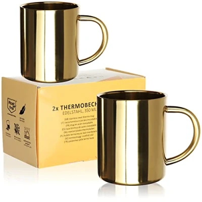 Afbeelding van 2 x roestvrijstalen bekers 350 ml per thermobeker onbreekbare thermische drinkbeker dubbelwandige isolatiebekers goudkleurig (2 stuks goudkleurig)