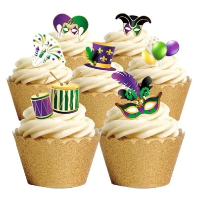 Afbeelding van 30 Stand Up Mardi Gras Carnaval Fiesta Thema Eetbare Wafer Papier Cake Toppers Decoraties