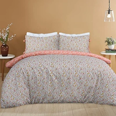 Afbeelding van Sleepdown Ditsy Bloemen Oranje Wit Reverse Zachte Gemakkelijk Onderhoud Dekbedovertrek Quilt Beddengoed Set Kussensloop met Stropdassen Dubbel (200cm x 200cm)