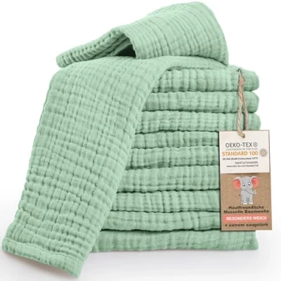 Afbeelding van LAYNENBURG set van 10 premium boerendoeken baby extra zachte mousseline 100% katoen 30x50cm Oeko Tex 100 doeken als luiers of doekluiers (mintgroen)
