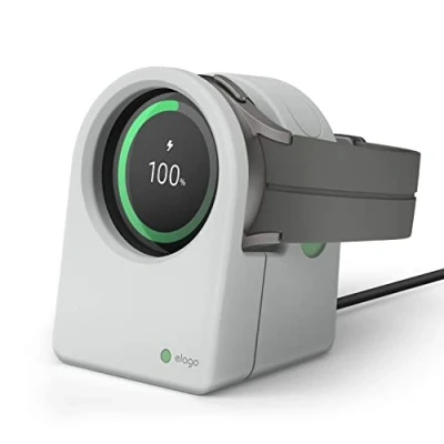 Afbeelding van elago GWT3 Oplaadstandaard Compatibel met Samsung Galaxy Watch 7/7 Ultra, 6/6 Classic, 5/5 Pro [40/43/44/45/47mm], Klassiek Klokontwerp, Nachtstandmodus [Oplaadkabel Niet Inbegrepen] (Lichtgrijs)