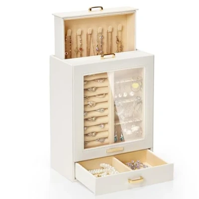 Afbeelding van Yorbay Seelux Sieradendoos, sieradendoos met 5 laden, rganisator glazen venster, voor kettingen, ringen, armbanden, oorbellen (wit + goud)