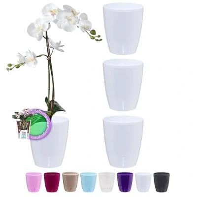 Afbeelding van Santino Orchideeënpotten, set van 4, diameter 15 cm, zelfbewaterende pot met waterlontsysteem en waterpeilindicator, voor gebruik binnenshuis, wit, 2 liter