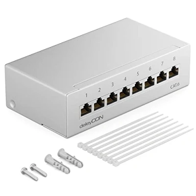 Afbeelding van deleyCON CAT 6 Patchpaneel 8 Poorten 1U Desktop &amp; Wandmontage Afgeschermd 8x RJ45 Bus LAN Netwerk Installatiekabel TIA568A TIA568B RAL 7035 Lichtgrijze