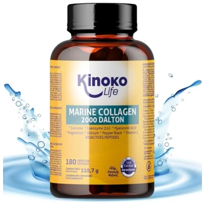 Afbeelding van Collageen capsules Marine 180 capsules. 2000 Dalton. 100% puur gehydrolyseerd type 1 viscollageen. Met Hyaluronzuur, Kurkuma, Magnesium, Vitamine C, Silicium, CoQ10, zwarte peper