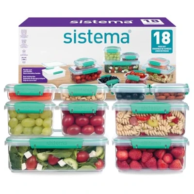 Afbeelding van Sistema KLIP IT Voedselopslagcontainers Luchtdichte en stapelbare maaltijdbereidingscontainers met deksels Schoollunchdozen &amp; Snackdozen BPA vrij 18 stuks (9 containers deksels), groenblauw