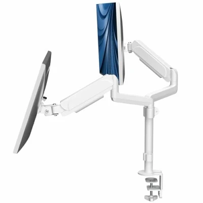 Afbeelding van VIVO Dubbele monitorarmbevestiging voor schermen van 17 tot 32 inch pneumatische hoogteverstelling, volledig scharnierende kantel , zwenkbare, zware VESA standaard met bureau C klem en
