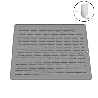 Afbeelding van afdruipmat van siliconen, voor keuken, 45 x 40 cm, milieuvriendelijk, hittebestendig en antislip, met haak, optioneel afwasmat, groot, grijs