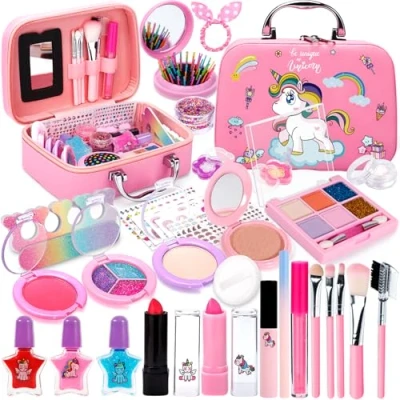 Afbeelding van POWLYB 38 stuks kinderschminkset voor meisjes, wasbaar make upspeelgoed meisjes en kinderen, upset, rollenspel, cadeau van 4, 5, 6, 7, 8, 9 jaar