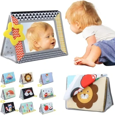 Afbeelding van ALFFREUDE Babyspiegel, speelgoed, 0 3 maanden, spiegel voor baby&#039;s, met stoffen boek, opvouwbaar speelgoed knisperboek, educatief buikligging, baby