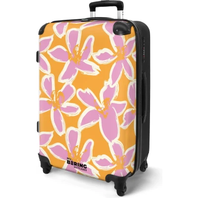 Afbeelding van NoBoringSuitcases.com® Koffer groot Rolkoffer lichtgewicht Oranje met roze bloemen Reiskoffer 4 wielen Grote trolley XL 20 kg bagage