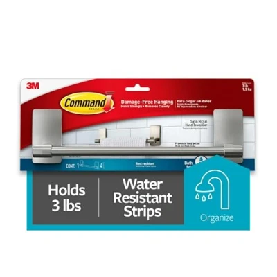 Afbeelding van Command Handdoek Bar, Satijn Nikkel Afwerking, Roestbestendig, Houdt 1,3Kg Organiseer uw Badkamer Schadevrij