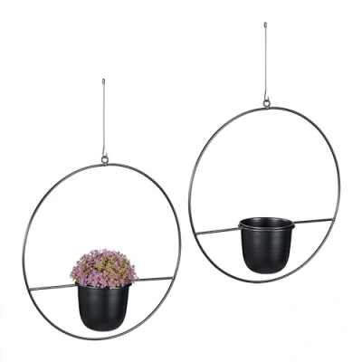 Afbeelding van Relaxdays plantenhanger metaal set van 2 hangpot industrieel hangende bloempot zwart