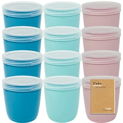 Afbeelding van Codil 12 stuks ronde herbruikbare dozen van BPA vrij kunststof met deksel, vaatwasmachinebestendig, vriezer en magnetron, roze/groen/blauw, 0,5 liter