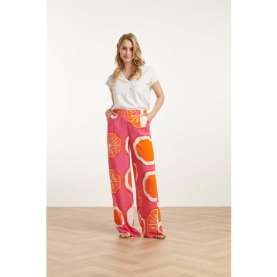 Afbeelding van Smashed Lemon 25027 Wide Leg Broek Met Oranje Fruitprint XL