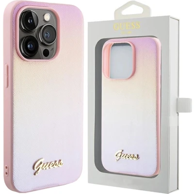 Afbeelding van Guess Saffiano Iridescent Script hoesje voor iPhone 14 Pro roze