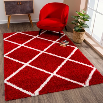 Afbeelding van Madrid Shaggy Geruit Vloerkleed Rood Creme Hoogpolig 80x150 cm