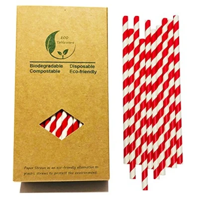 Afbeelding van Rood en wit gestreept drinkpapier rietjes, biologisch afbreekbare food grade papieren rietjes voor cocktail, coca cola, dagelijks gebruik