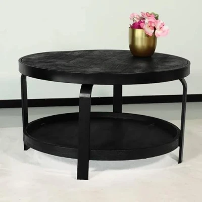 Afbeelding van Salontafel rond mangohout Marian zwart side table industrieel bijzettafel mango hout