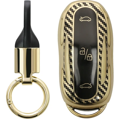 Afbeelding van kwmobile autosleutel hoesje met sleutelring geschikt voor Tesla Model S / Y 3 Sleutel case sleutelhanger Metallic Carbon design in goud zwart