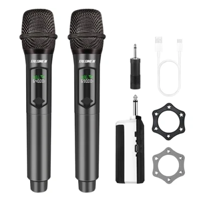Afbeelding van talomen, Professionele draadloze microfoon, dynamisch dual handmicrofoonsysteem met accu, voor PA systeem, karaoke, bruiloft, discours, DJ, party, vergadering, kerk. K60 2