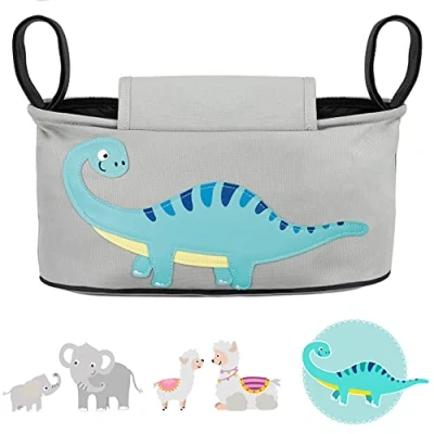 Afbeelding van GLÜCKSWOLKE Kinderwagen Organizer 12 Motieven I Kinder Buggy Tas Kinderwagentas met Disposer van vochtige doekjes Wandelwagen Opbergtas voor Baby Stroller Pram Dinosaurus (Grijs)