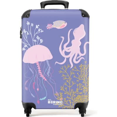 Afbeelding van NoBoringSuitcases.com® Handbagage koffer lichtgewicht Reiskoffer trolley Paars met zeedieren Rolkoffer wieltjes Past binnen 55x40x20 en 55x35x25