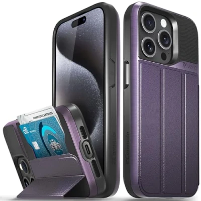 Afbeelding van VENA vCommute Portemonnee hoesje compatibel met Apple iPhone 15 Pro (6,1 inch), (militaire valbescherming), lederen fliphoesje, kaartsleuf en standaard, donkerpaars