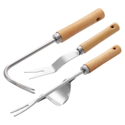 Afbeelding van 3 delige onkruidjager, diepe worteljager, tuingereedschapsset, tekenaar met houten handvat, tandhaak voor onkruid, gereedschap handmatig wieden