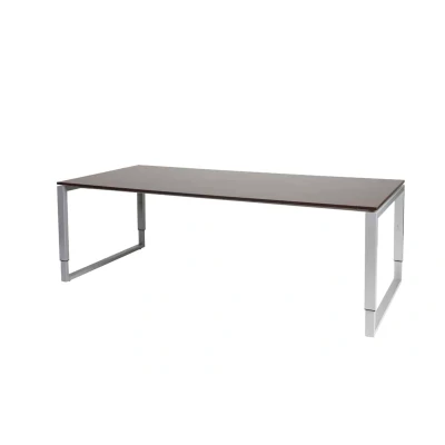 Afbeelding van Domino Plus vergadertafel, hoogte instelbaar (62 85cm) met 220x100cm &#039;zwevend&#039; logan eiken 25mm blad en aluminium (RAL9006) O poot frame