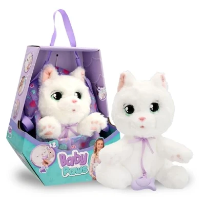 Afbeelding van BABY PAWS Kat, interactief pluche dier met geluiden die de ogen opent en sluit, stoffen zak om hem overal mee naartoe te nemen, speelgoed cadeau voor kinderen vanaf 3 jaar