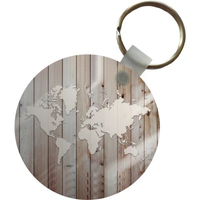 Afbeelding van Sleutelhanger Wereldkaart Wit Hout Plastic Rond Uitdeelcadeautjes