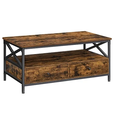 Afbeelding van VASAGLE Salontafel, woonkamertafel, lage dressoir, met 2 laden en een open vak, stalen frame in x vorm, 100 55 45 cm, industriële stijl, rustiek bruin zwart LCT201B01