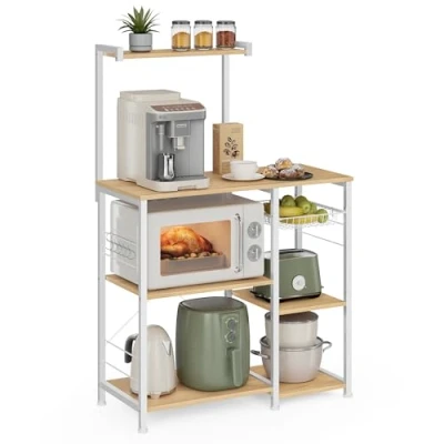 Afbeelding van VASAGLE KKS035W09 Keukenrek, staand rek met metalen mand, bakkersrek 6 S haken en planken, magnetronrek, voor kruiden, potten pannen, modern, eikenbeige klassiek wit