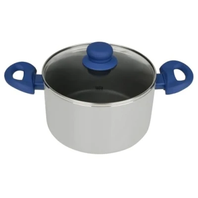 Afbeelding van Tasty Voorraadpan met glazen deksel, ovenschotel, kookpot antiaanbaklaag en oliedoseersysteem, voor alle kachels incl. inductie, vaatwasmachinebestendig, afmetingen: Ø 20 x 17 cm, donkerblauw