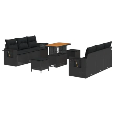 Afbeelding van vidaXL 9 delige Tuin Sofa Set met Kussens Zwart Poly Rattan Acacia, 3 Eettafel Acacia