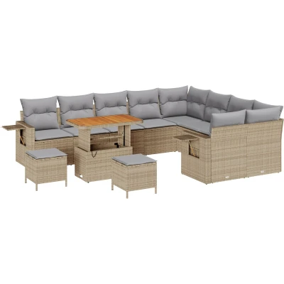 Afbeelding van vidaXL 12 delige tuinsofa set met kussens beige poly rattan acacia, 3 tuin eet acacia